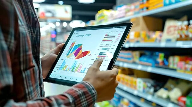 A professional in a modern shop, reviewing detailed analytics on a tablet, products in the background