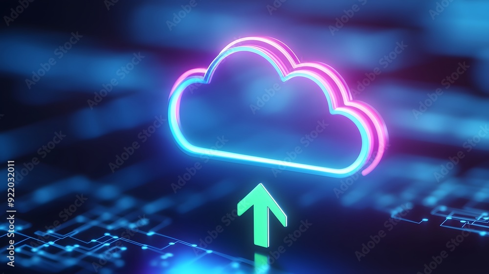 Aufkleber a glowing cloud icon with an upward arrow symbolizing data upload and storage in a digital cloud env