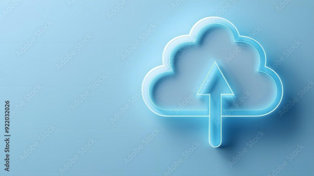 Poster a glowing cloud-shaped icon with an upward arrow symbolizes cloud storage and data upload on a light
