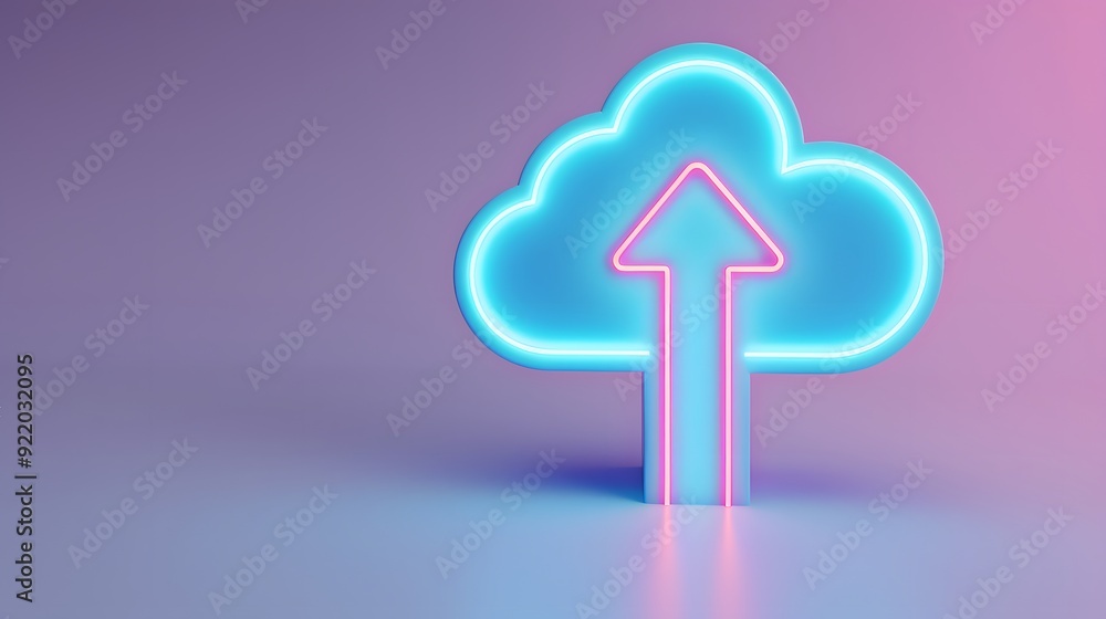 Poster a glowing neon cloud icon with an upward arrow, symbolizing cloud storage or data upload in a modern