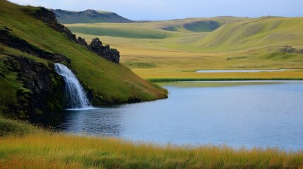 48. **Majestic waterfall cascading into a crystal-clear lake in Iceland