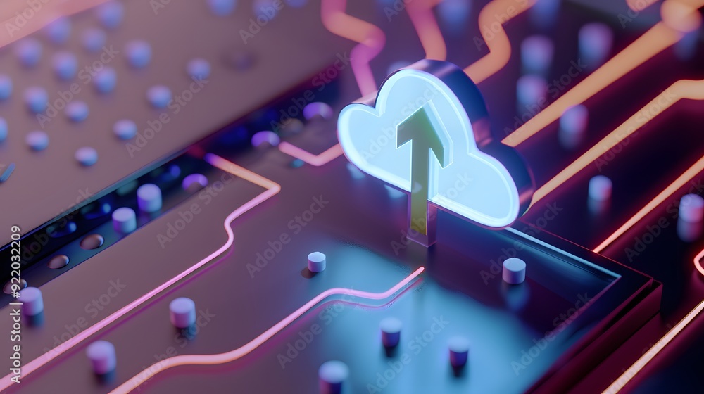 Poster A neon cloud icon with an upward arrow is displayed on a glowing circuit board, symbolizing cloud computing and data storage technology.