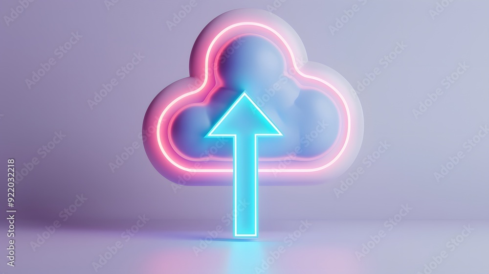 Poster a neon cloud shape and arrow symbolizing data upload, cloud computing, or digital storage in a moder