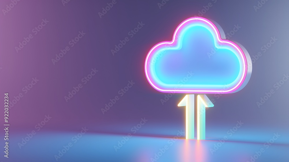 Aufkleber a neon cloud upload icon glowing in a futuristic style, representing cloud computing and data storag