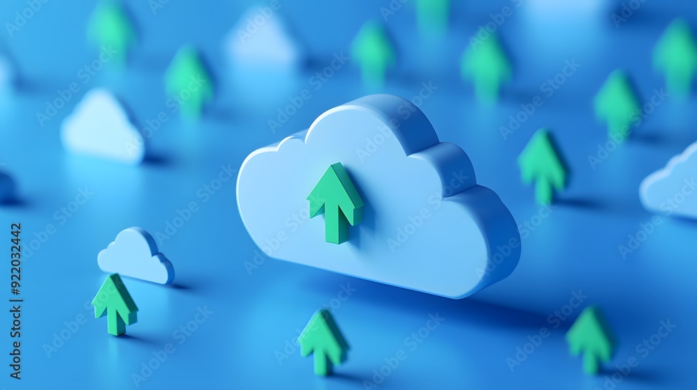 Aufkleber abstract 3d illustration of cloud computing concept with blue clouds and green upload arrows, repres