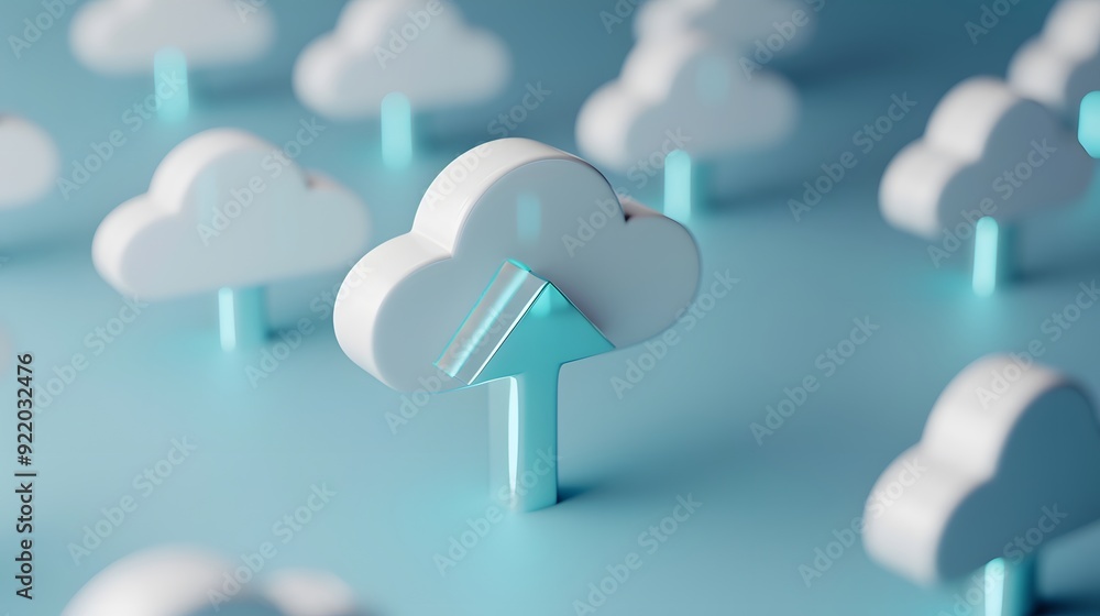 Poster abstract 3d illustration of white cloud icons representing cloud computing and data storage on a blu