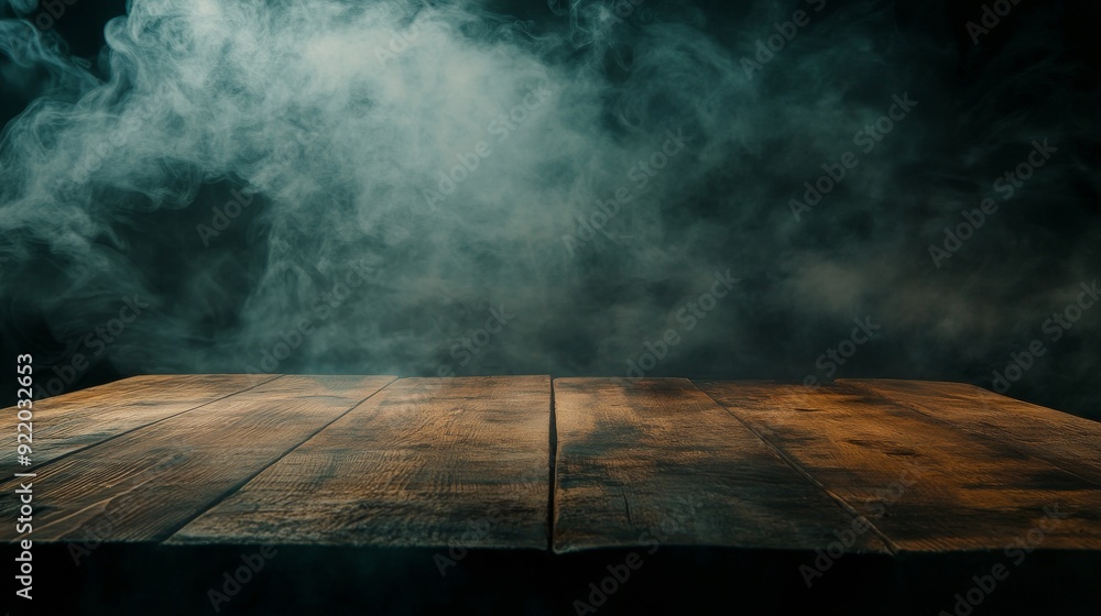 Sticker Empty wooden tabletop with smoke floating in the air in a dark room