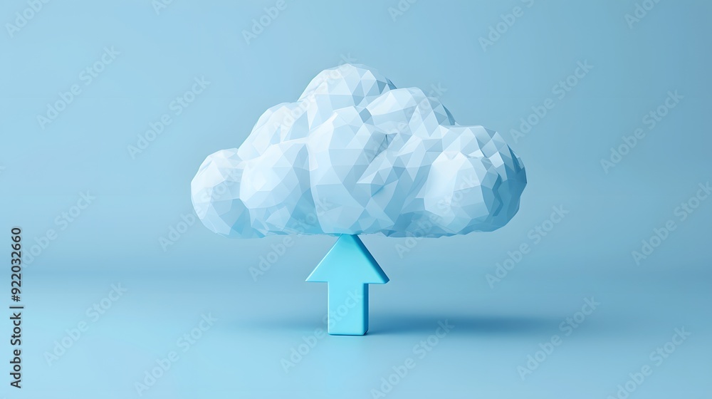 Poster abstract blue cloud with upward arrow representing cloud storage and data upload on a light blue bac