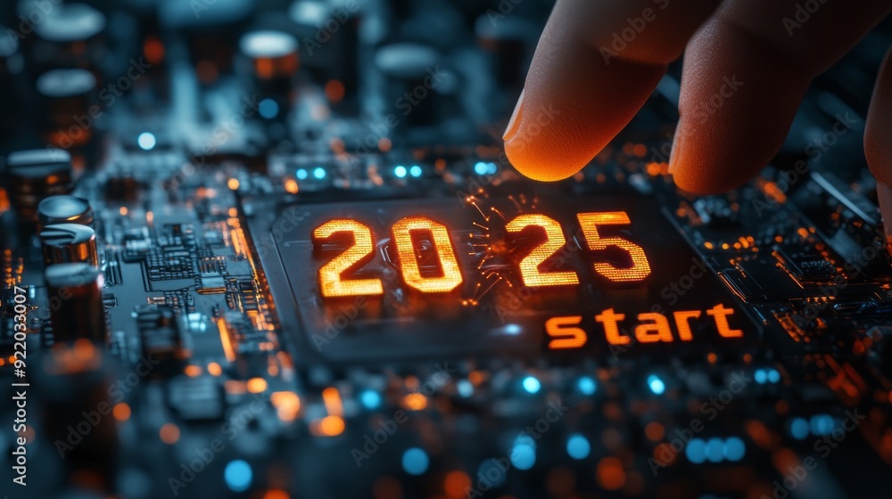 Poster A hand is pointing to the number 25 on a computer chip