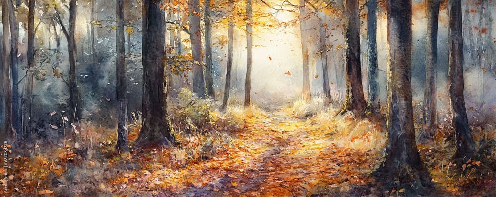 Poster sunlight shining through trees on foggy autumn forest path