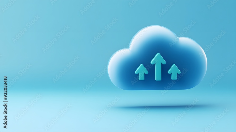 Poster blue cloud computing graphic with upward arrows symbolizing data uploading and digital growth on a l