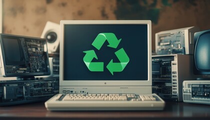 Old computer monitors surround a central computer displaying a recycling symbol in a tech workshop