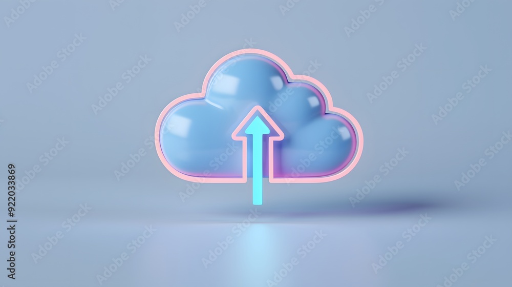 Poster blue cloud icon with pink outline and upward arrow, representing cloud computing and data upload on 