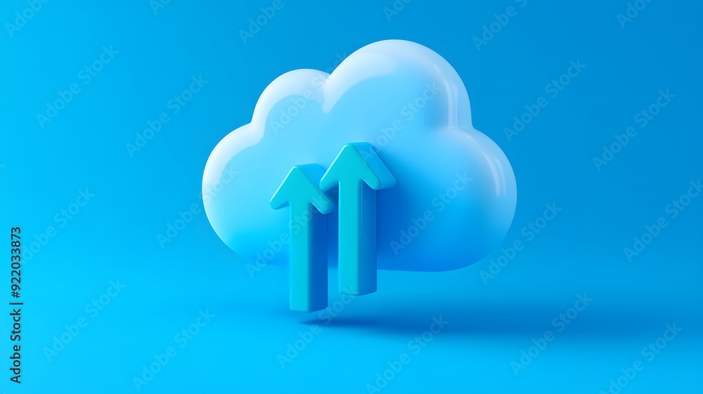Poster blue cloud icon with two upward arrows on a vibrant blue background, symbolizing data upload and clo