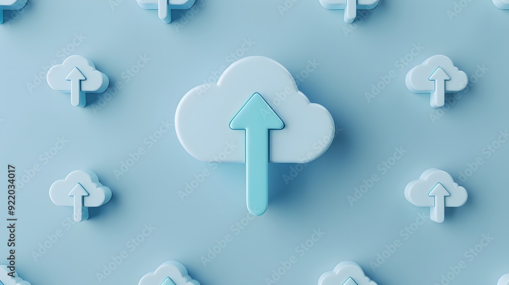 Poster blue cloud icons with upward arrows on light background, symbolizing cloud storage and data upload c