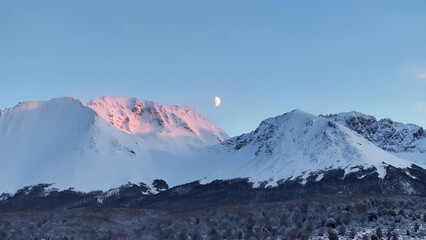 Scenic Moon At Ushuaia In Tierra Del Fuego Argentina. Snowy Mountains. Glacier Landscape. Tierra...