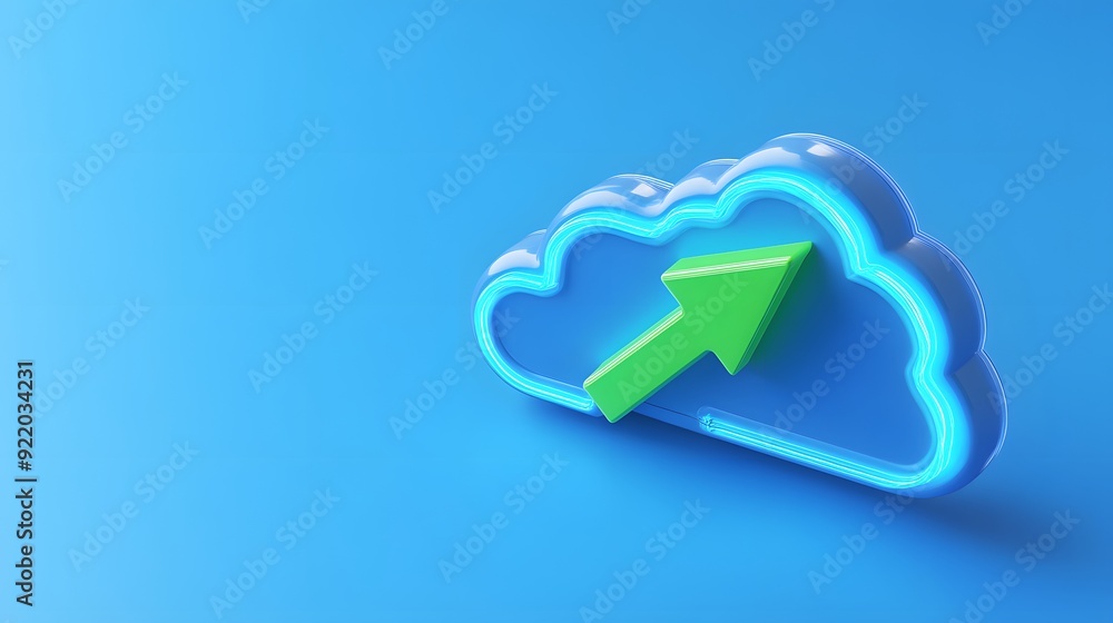 Poster blue cloud with green arrow representing cloud computing, data storage, and uploading on a vibrant b