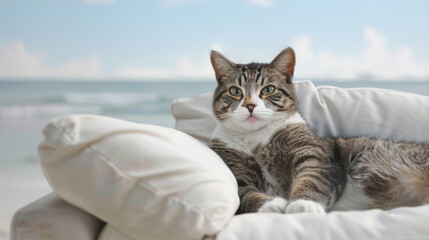 Obraz premium Gray cat lying on a white sofa on the sandy beach. Pet relaxing on ocean shore.