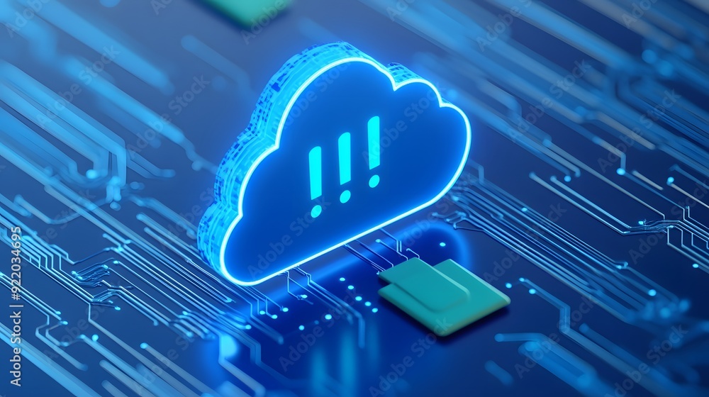 Poster blue neon cloud symbol with exclamation marks highlighting data and network security issues on a dig