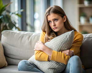 woman, home, sofa, sitting, couch, people, person, indoors, room, casual, lying, house, teen