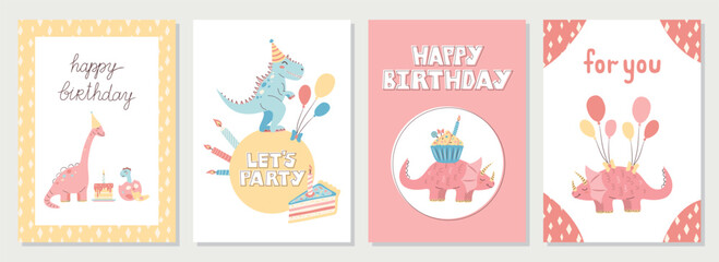 Collection of cute dinosaur cards. Happy Birthday cards and greetings. Hand drawn in pastel colors. Vector illustration.