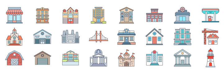 Building icons set, Included icons as Apartment, Mall, Warehouse, Lighthouse and more symbols collection, logo isolated vector illustration