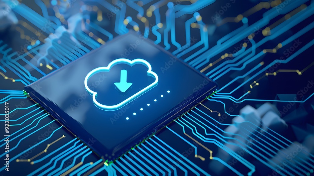 Poster close-up of a glowing cloud download icon on circuit board, representing cloud computing and data st