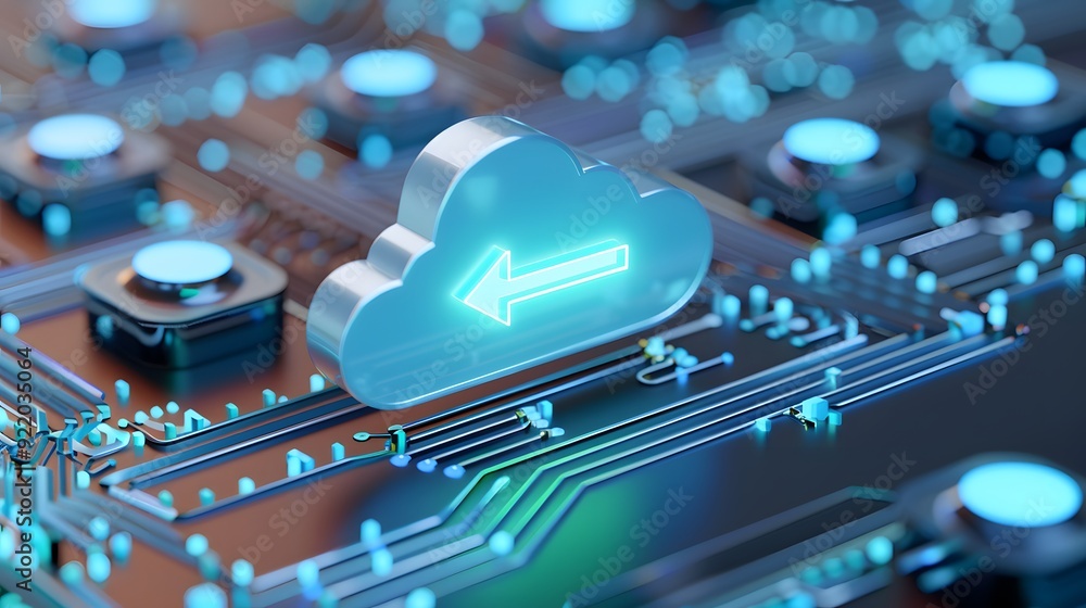 Poster close-up of a glowing cloud icon on a digital circuit board representing cloud computing and data st