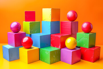 Obraz premium Colorful wooden blocks forming a structure with spheres on an orange background