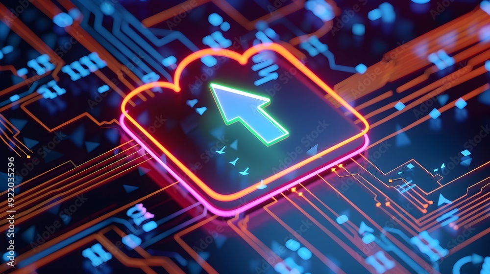 Aufkleber close-up of a glowing upload icon on a vibrant circuit board, symbolizing data transfer and technolo