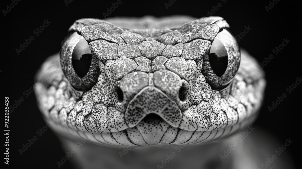 Poster snake staring directly at viewer with scales showing in black and white