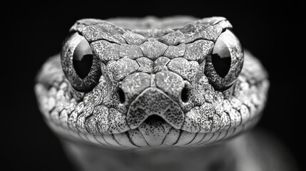 Fototapeta premium Snake staring directly at viewer with scales showing in black and white