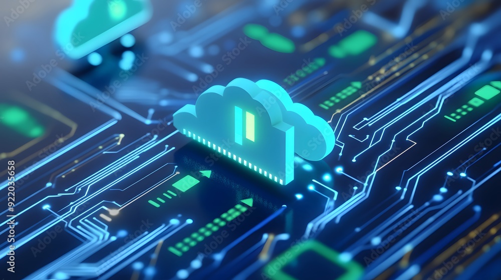 Poster cloud computing and data storage concept. futuristic technology background with digital cloud icons 