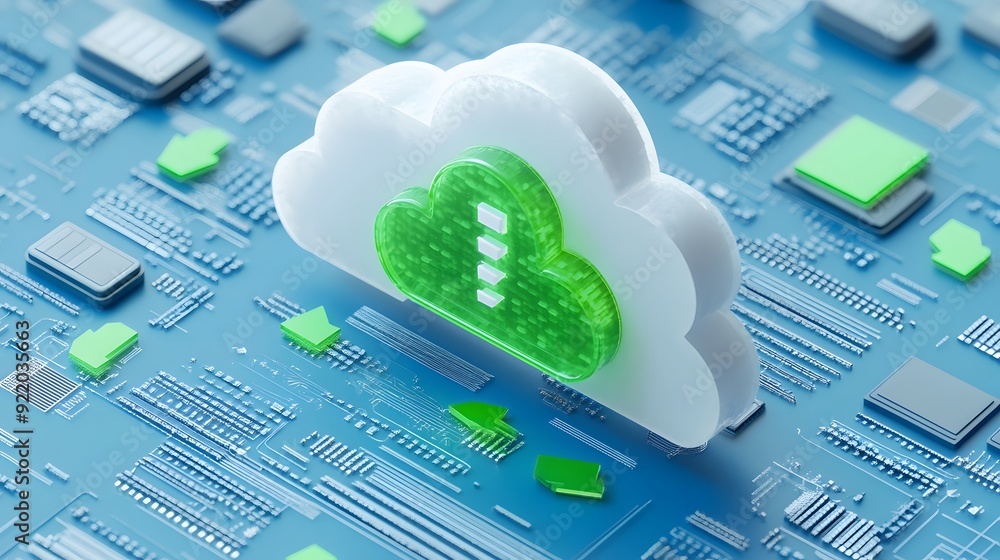 Poster cloud computing and data storage concept with a green cloud icon on a blue circuit board, representi