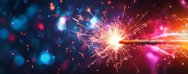 Naklejka premium Bengal light sparkler is burning with colorful sparkles on festive background