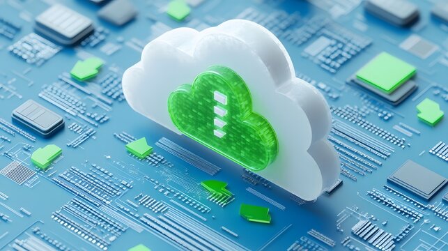 Cloud computing and data storage concept with a green cloud icon on a blue circuit board, representing digital technology.