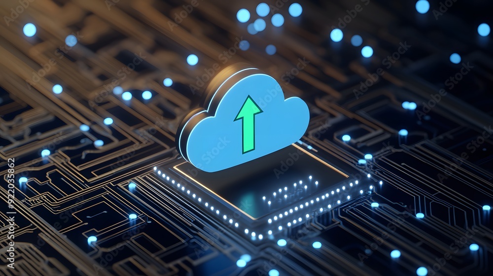 Poster cloud computing and data upload concept with a glowing cloud icon and circuit board background. tech