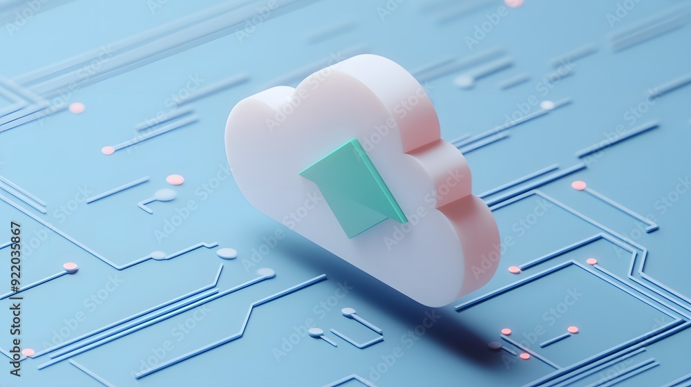 Poster cloud computing concept. 3d cloud icon on blue circuit board background representing data storage an
