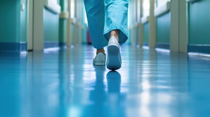 A nurse in scrubs walks purposefully down a shiny hospital corridor, reflecting bright lights and colors of the healthcare environment during the afternoon shift