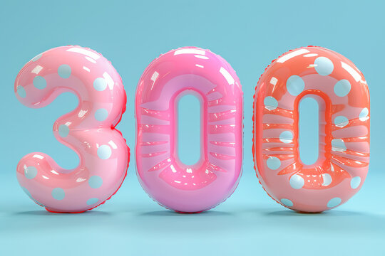 Number 300 made of inflatable balloons is standing on blue background