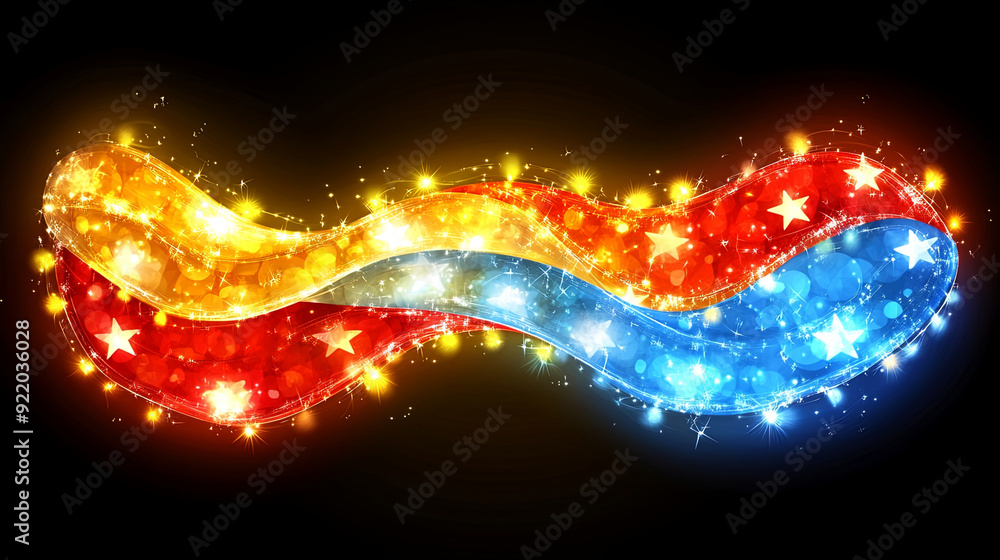 Wall mural colorful glowing motion graphics with abstract shapes and sparkling effects on a dark background