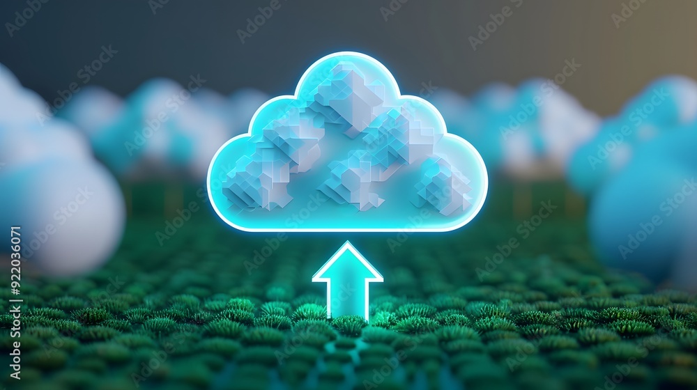 Poster cloud computing concept image showing a glowing cloud icon with an upward arrow, representing data u
