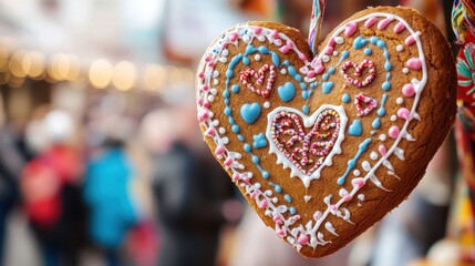 A close-up shot of a gingerbread heart cookie at Oktoberfest, intricately decorated with colorful icing and patterns, with a festive background of people and decorations, symbolizing the sweetness