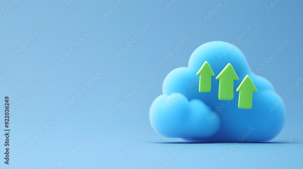 Poster cloud computing concept image with arrows indicating data upload on a blue background. 3d rendering 