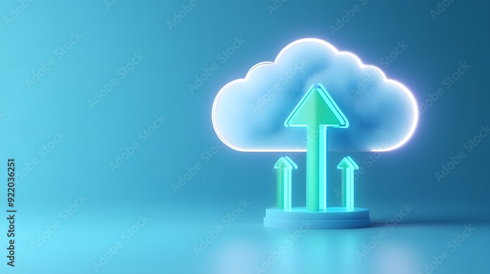 Poster cloud computing concept image with neon arrows pointing upwards, representing data upload and digita