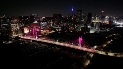 Nelson Mandela Bridge At Johannesburg In Gauteng South Africa. City At Night Landscape. Illuminated...