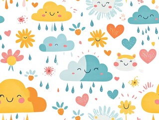 seamless pattern, Playful kawaii rainclouds showering heart-shaped raindrops on smiling flowers and adorable critters