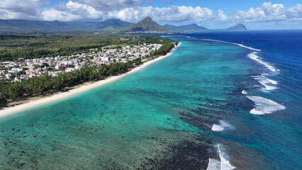 Flic En Flac At Port Louis In Mauritius Island Mauritius. Indian Ocean Landscape. Beach Paradise. Port Louis At Mauritius Island. Seascape Outdoor. Nature Background. Tourism Travel.