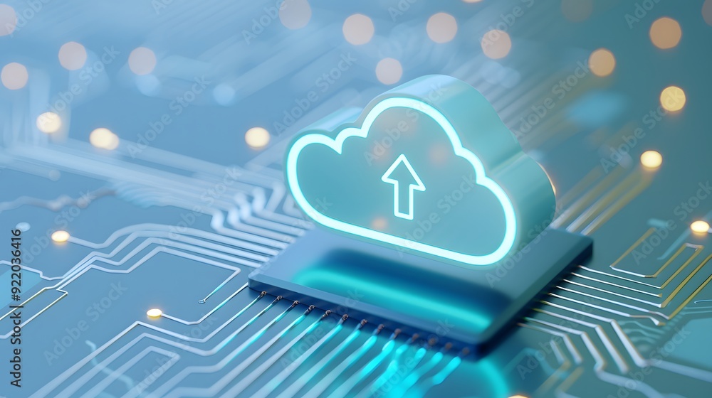Poster cloud computing concept symbolized by a neon cloud with an upward arrow on a microchip and circuit b