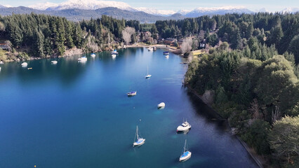 Boats On Marina At Villa La Angostura In Neuquen Argentina. Snowy Mountains. Angostura Village. Vacations Travel. Boats On Marina At Villa La Angostura In Neuquen Argentina.